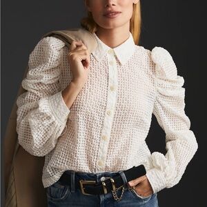 Maeve  Anthropologie Cream Blouse Puff Long Sleeve size Small Cotton Nylon Shirt